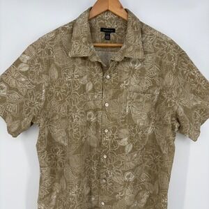 Van Heusen Mens XL Short Sleeve Button Down Shirt Khaki Floral Hibiscus Cruise